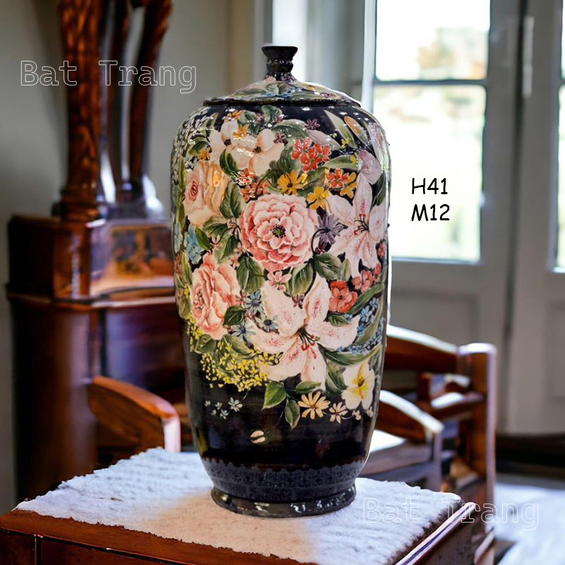 Artistic Ceramic Vase with Lid – Tall Cylindrical Form, Fully Embossed Design