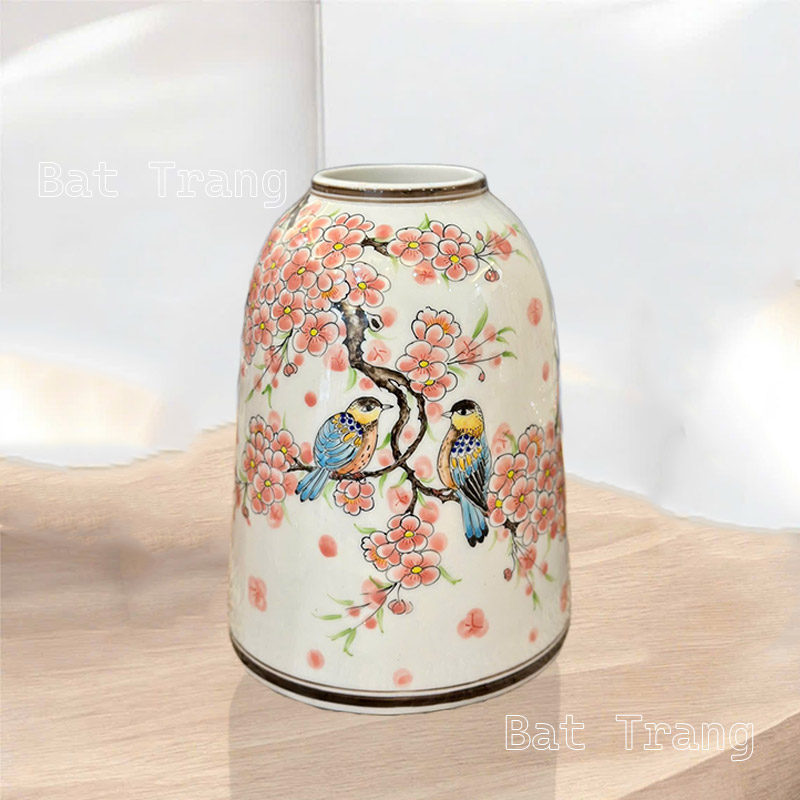 Ceramic bell shaped vase painted with peach blossoms from Bat Trang