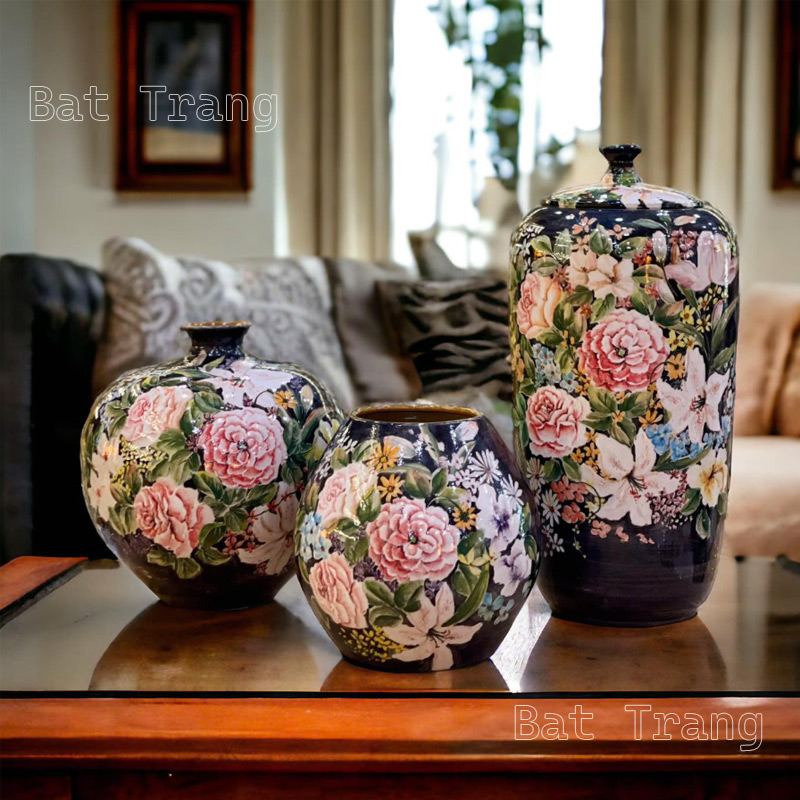 Luxury Black Ceramic Vase Set with Colorful Flower Motifs