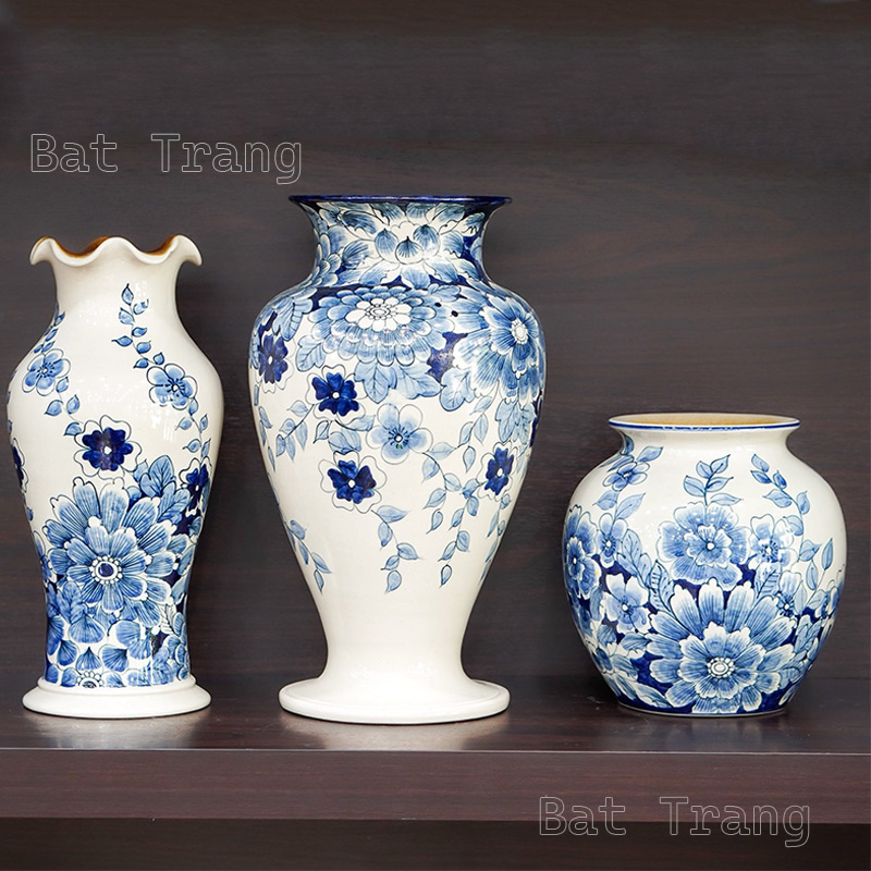 Set of Three Bat Trang Blue Glazed Chrysanthemum Vases
