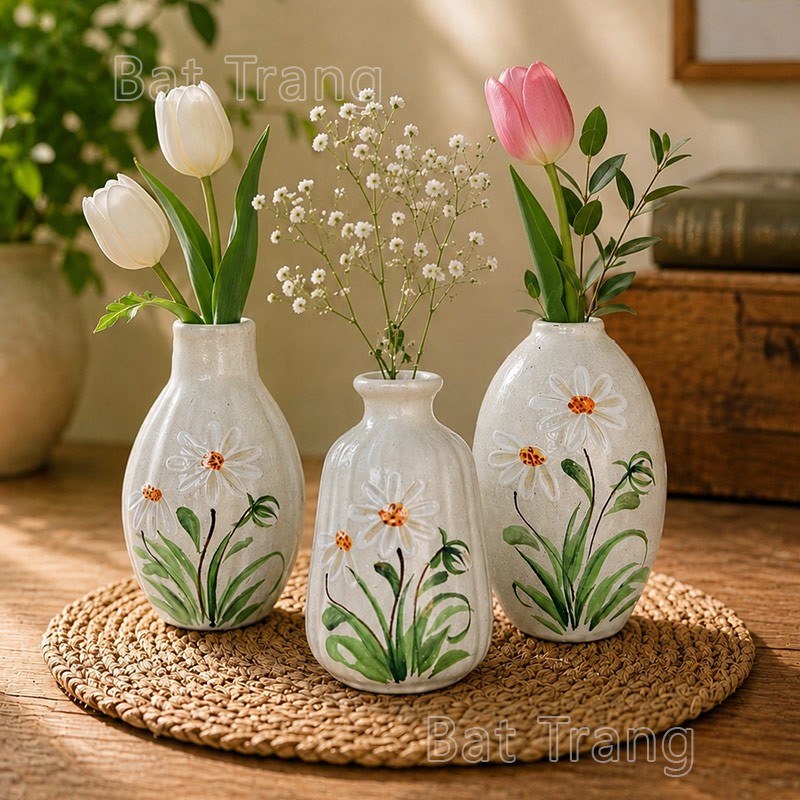 Set of Three Tulip Bud Vases with Flowers for Table Décor