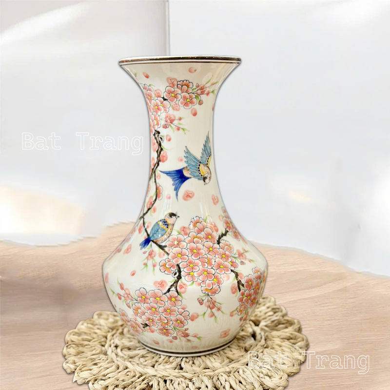 Whit -ceramic vase painted with peach blossoms, long narrow neck