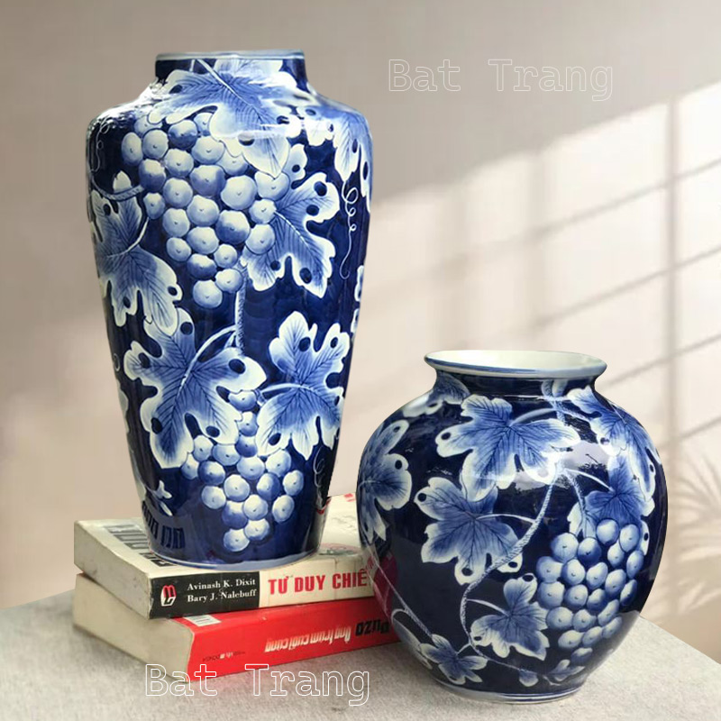 Blue and white ceramic vase with grape cluster motif from Bat Trang