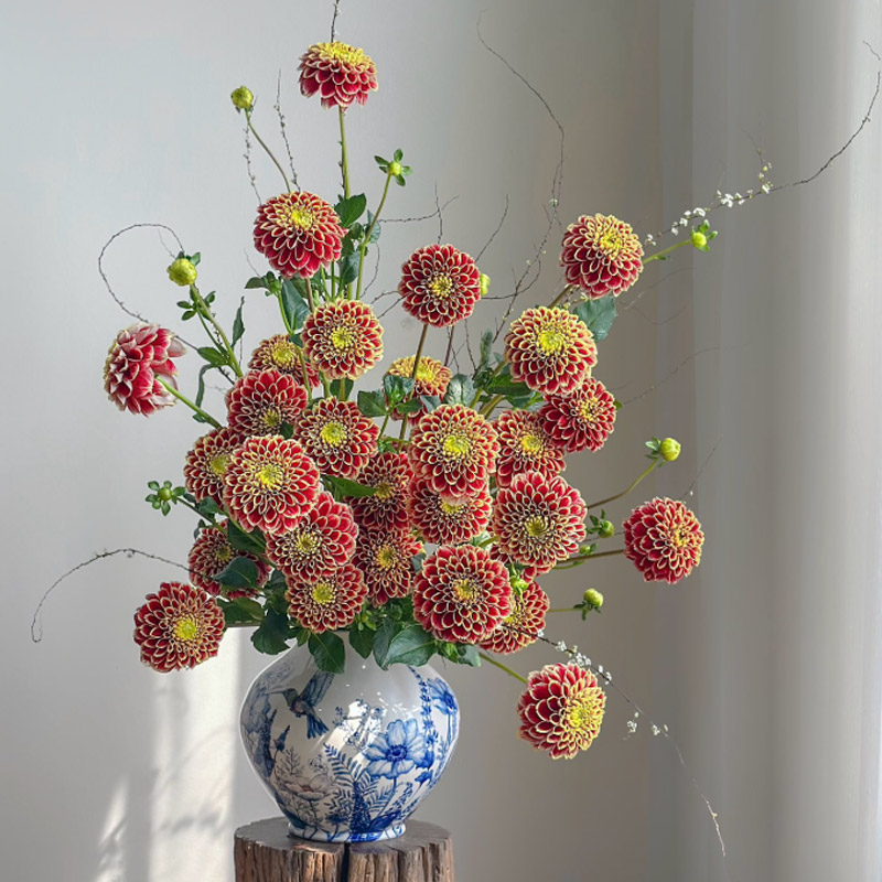 Blue and white vase decorated with dahlias for interior spaces