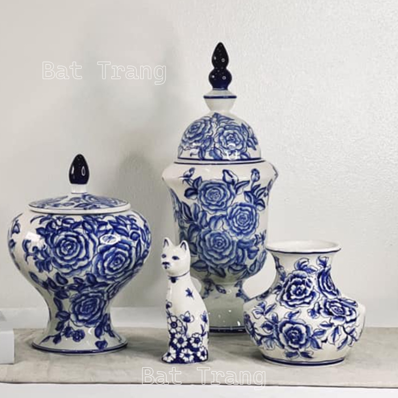 Classic Meets Modern with Blue and White Rose Vase with Lid Ceramic Table Vase