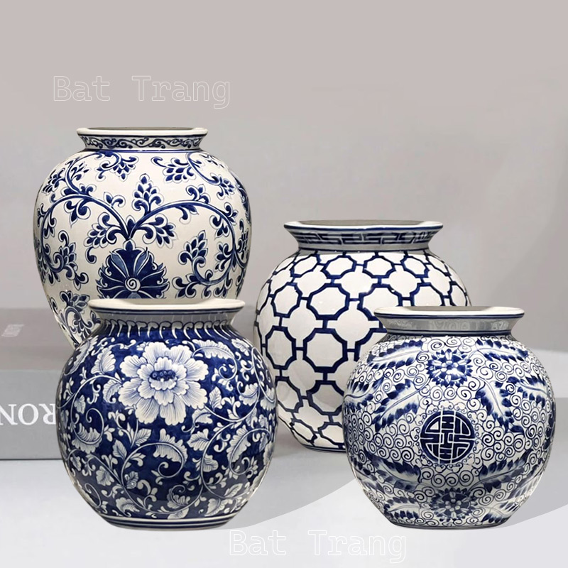 Handcrafted Blue and White Round Ceramic Vases for Centerpieces