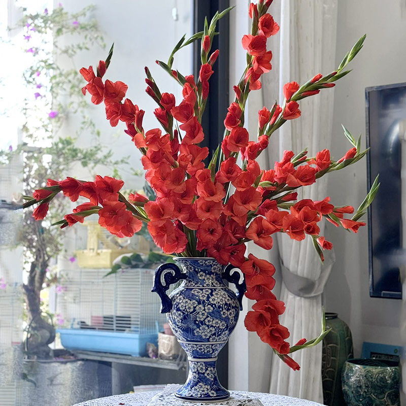 Vintage blue and white vase styled with red gladiolus flowers