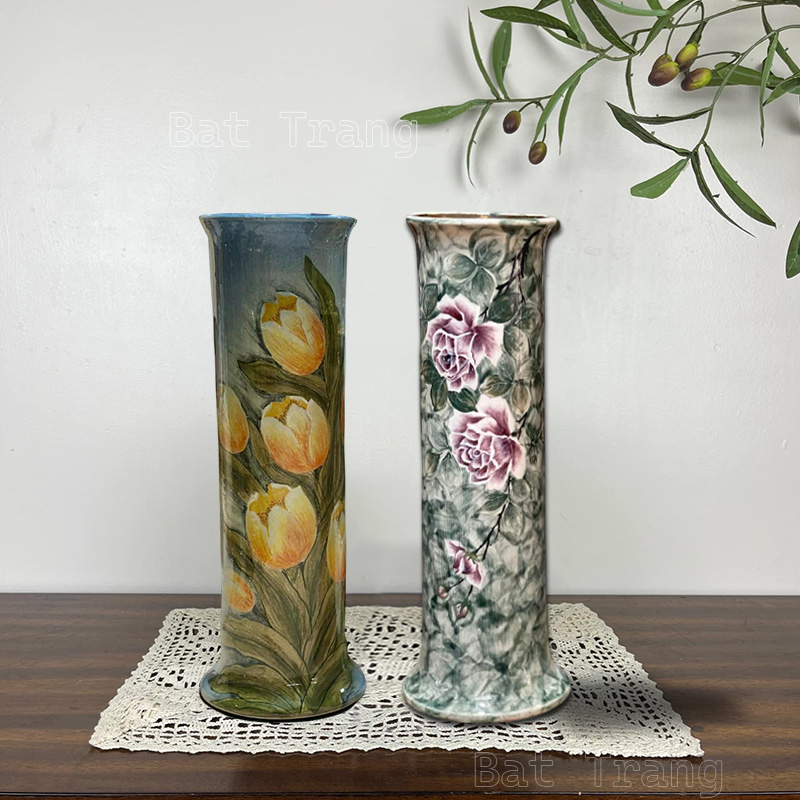 16 inch Tall Cylinder Ceramic Vase Hand-Painted With Tulip And Rose Floral Designs