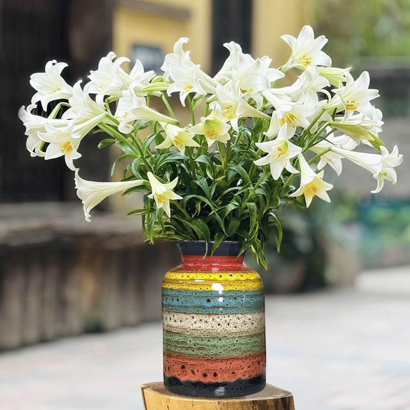 A colorful ceramic vase paired with white lily flowers