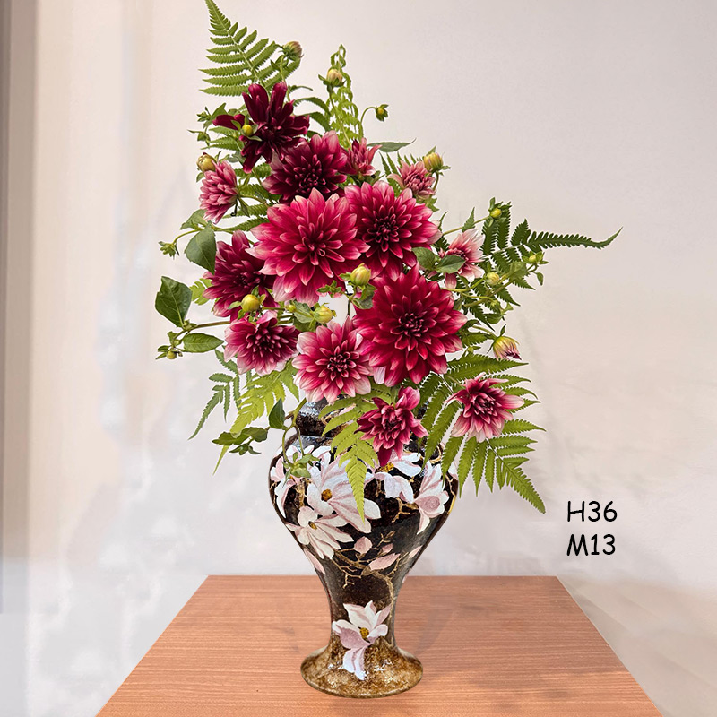 Artisan Brown Vase Decor with a cluster of dahlias for tabletop decoration