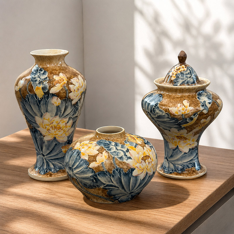 Blue and Brown Hand-Painted Ceramic Vase Set with Lotus Flowers