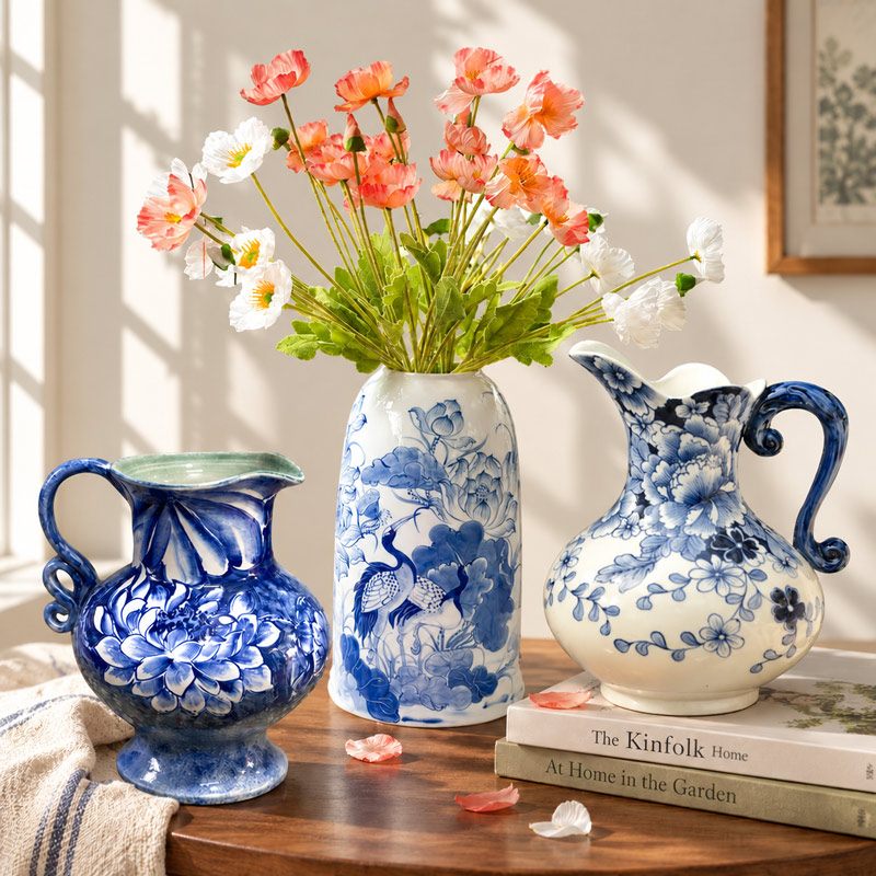 Blue and White Ceramic Handled Vase, Hand Painted Floral Design, Decorative Flower Vase