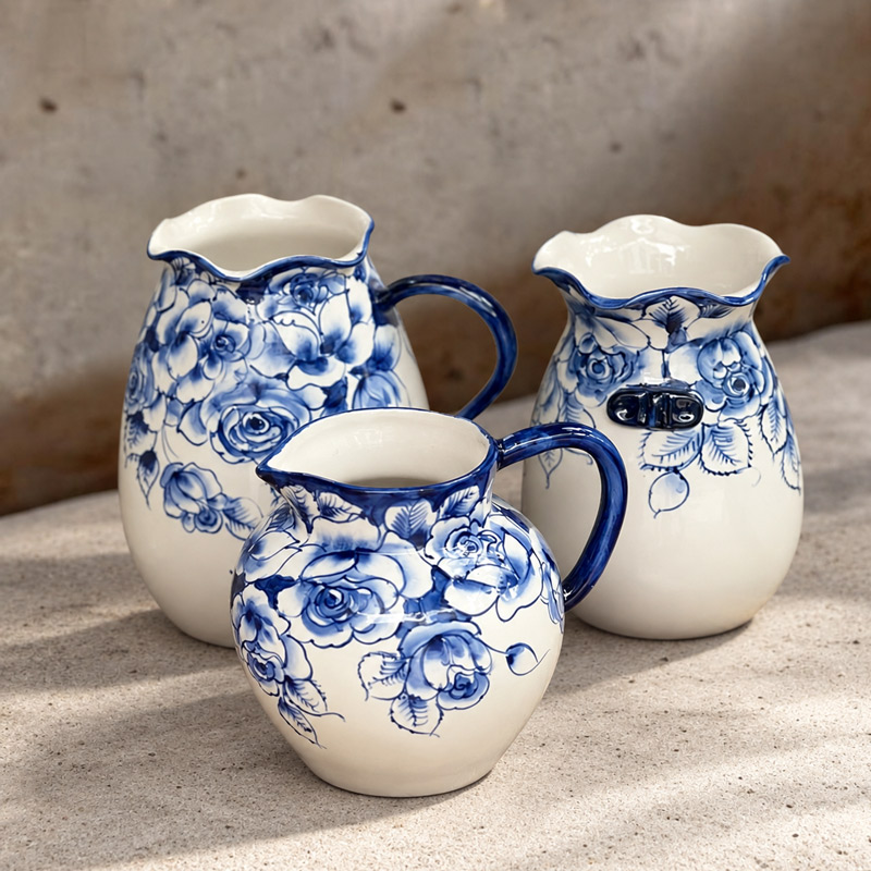 Blue and White Ceramic Handled Vase, Rose Flower Pattern, Decorative Vase for Home and Shelf Decor
