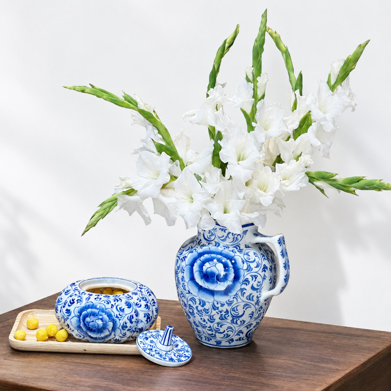 Blue and White Pitcher Vase with White Gladiolus and Pumpkin-Shaped Jar on a Table