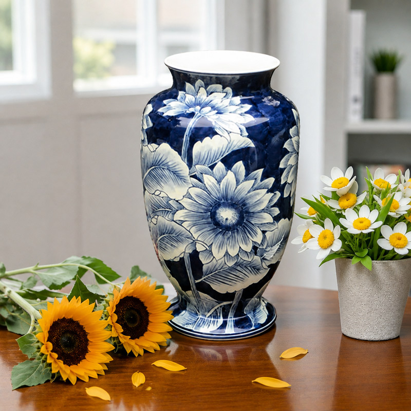 Blue and White Vase, Hand Painted Ceramic Sunflower Vases