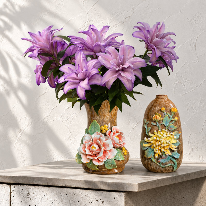 Brown Ceramic Vase with 3D Raised Floral Motifs for Table Decor