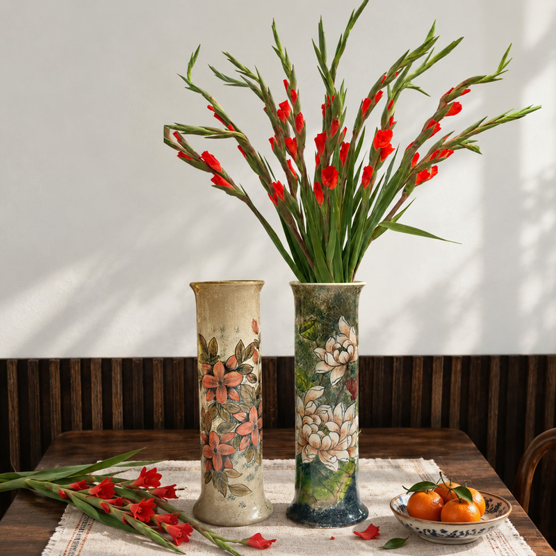 Decorative Tall Cylinder Vases with Red Gladiolus, Elegant Tabletop Home Decor