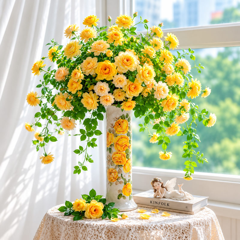 Hand-Painted Tall Cylinder Vase with Yellow Rose Bouquet for Home Decor