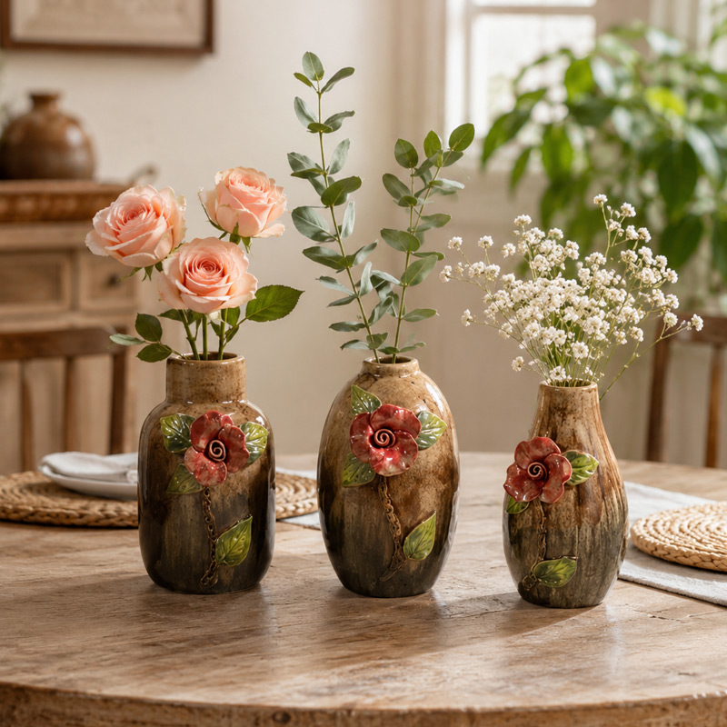 Rustic Brown Bud Vases with Flowers for Table Centerpiece