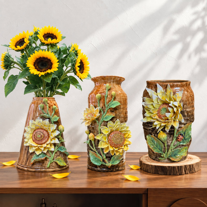 Set of Three Brown Ceramic Vases with Handcrafted Sunflower Reliefs