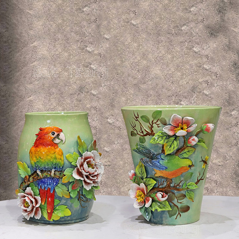 Artistic Green Flower Vase Set with Individually Hand-Modeled and Applied Clay Elements