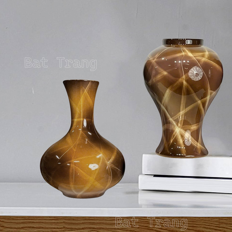 Brown Ceramic Vase – Warm Marble Tones from Bat Trang Pottery