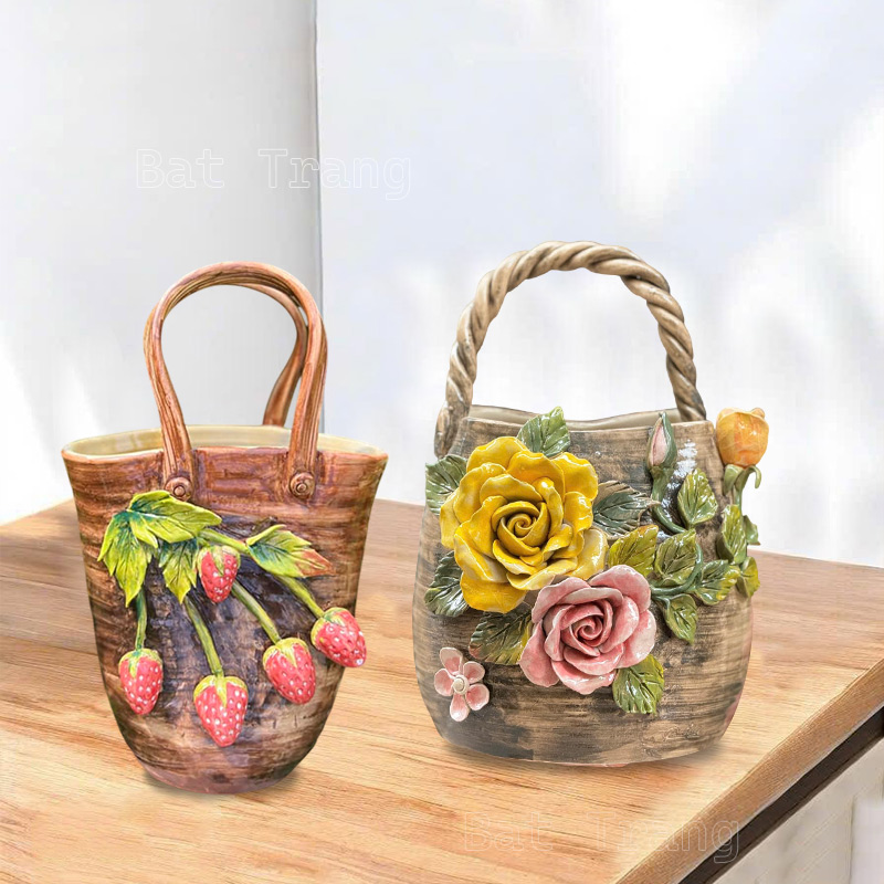 Brown Handbag Ceramic Vase with Row and Strawberry Motifs