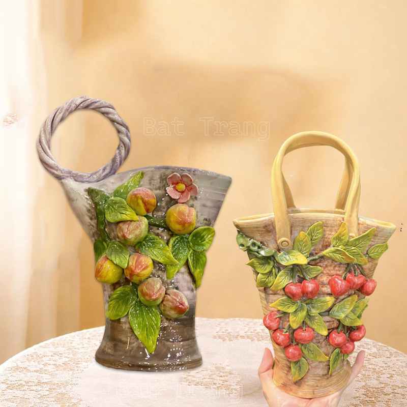 Handbag-Shaped Vase for Home Decor with Peach and Cherry Motifs