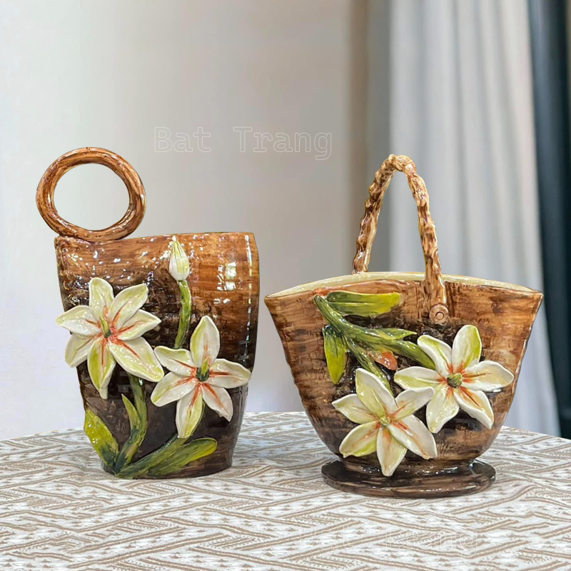 Handmade Handbag Vase with White Lily Flowers