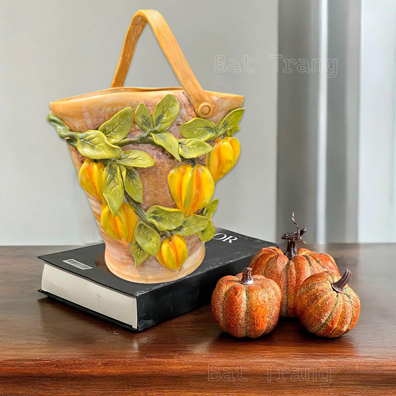 Unique Brown Handbag Vase with Starfruit Cluster Design