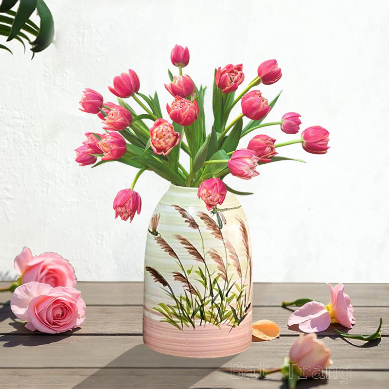 Bell-Shaped Pink Ceramic Vase with Tulips for Space Decoration