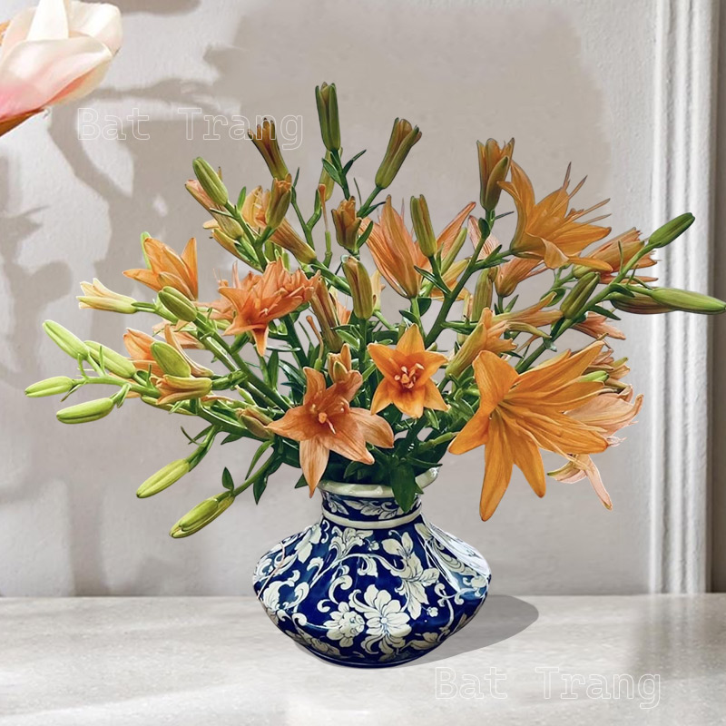 Blue and White Ceramic Vase with Lilies – Handmade in Bat Trang