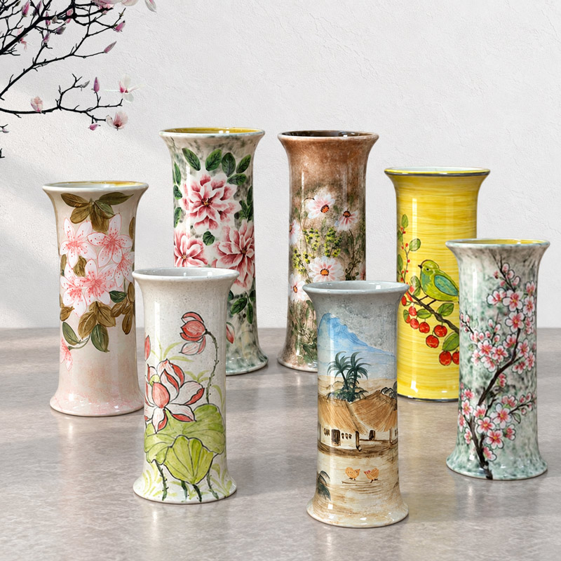 Cylinder Vase 12 Inch with Hand-Painted Floral Motifs in Multiple Colors