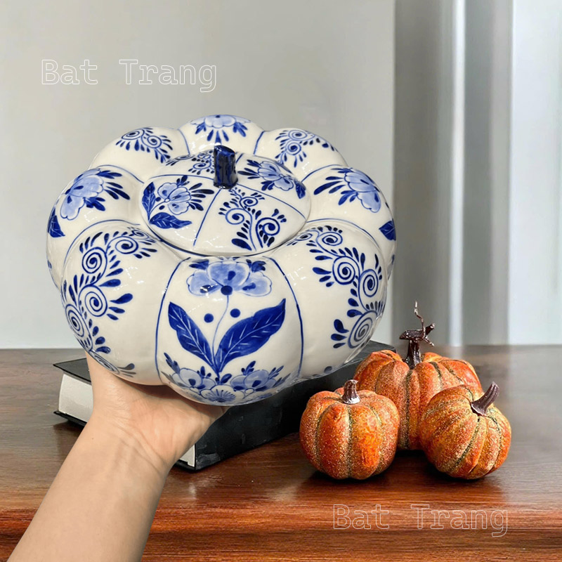 Decorate Your Space with an Elegant Blue and White Pumpkin Shaped Jar