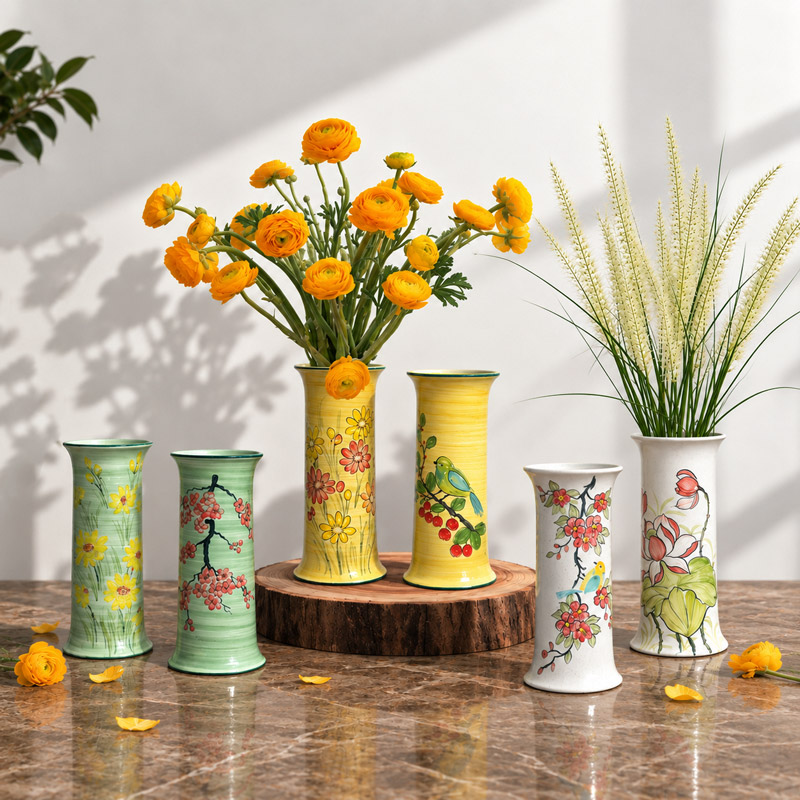 Green, Yellow, and White Ceramic Cylinder Vases with Hand-Painted Designs