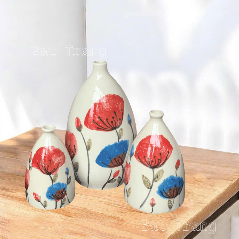 Hand Painted Floral Bud Vase Set – 3 Small White Decorative Vases