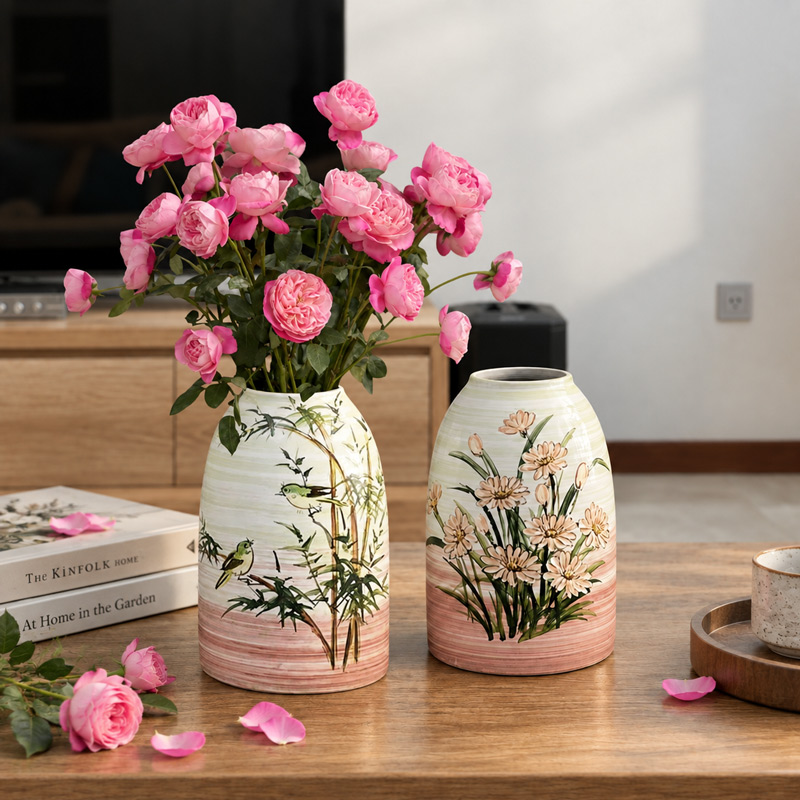 Hand-Painted Pink Floral Vase with Pink Rose Bouquet