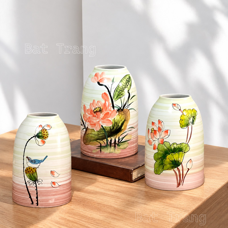 Pink and White Hand-Painted Lotus Ceramic Vase, Bell Shaped Flower Vase