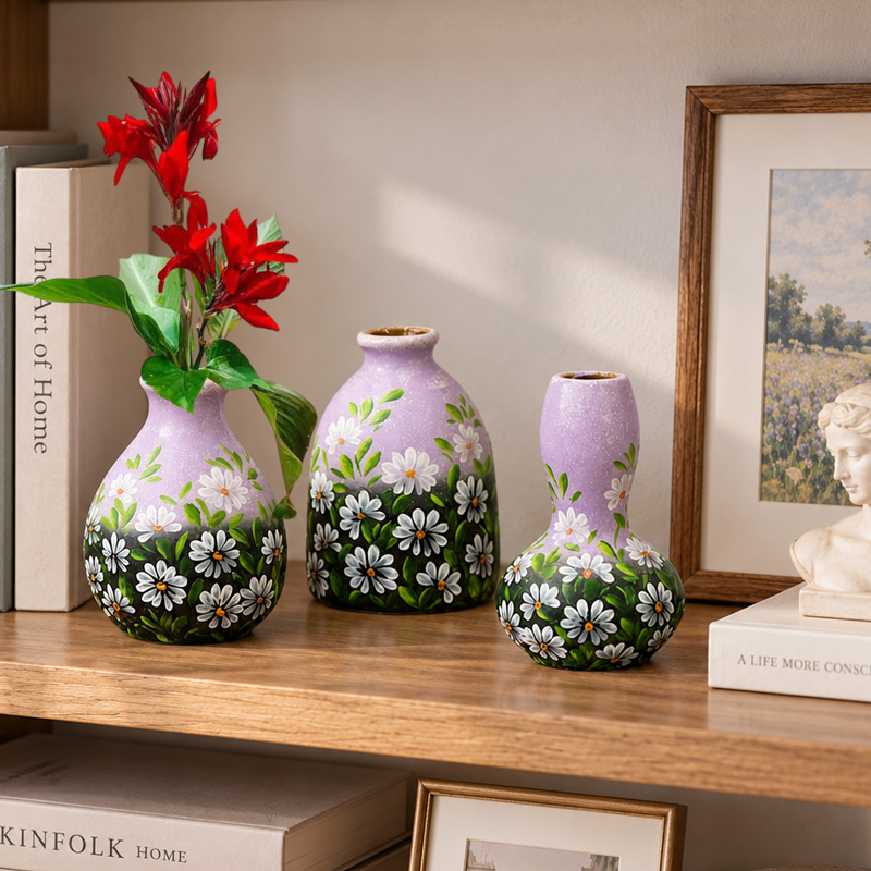 Set of 3 Ceramic Flower Vases with Daisy Patterns for Bookshelf Decorv