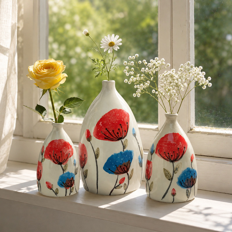 Three Floral White Ceramic Bud Vases on a Sunny Windowsill