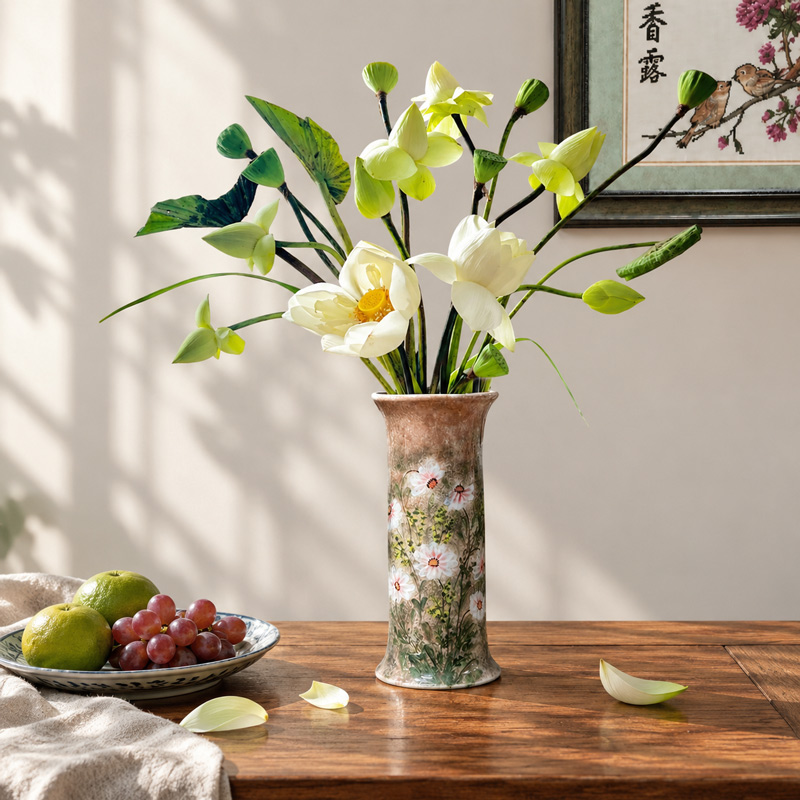 White Lotus Bouquet with 12-Inch Cylinder Ceramic Vase for Table Decor
