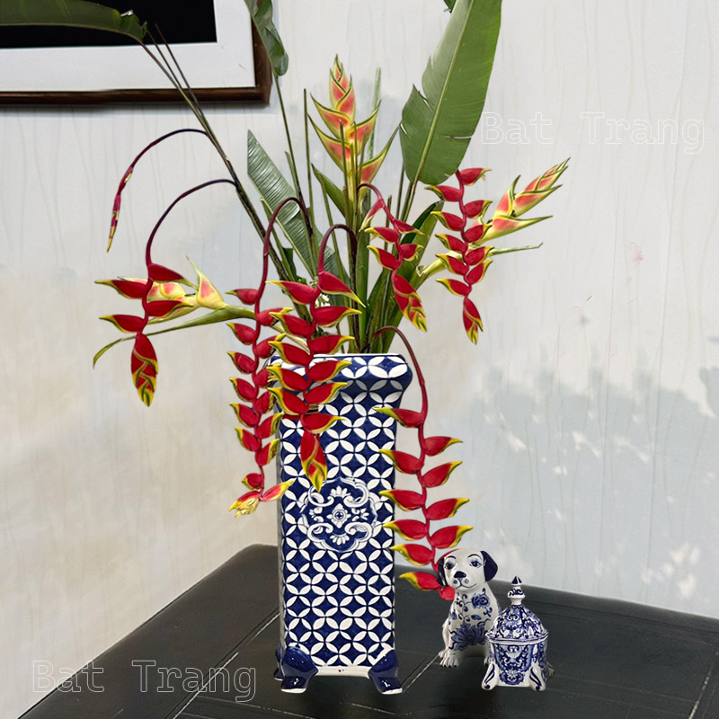12 Inch Tall Rectangular Ceramic Vase With Flower