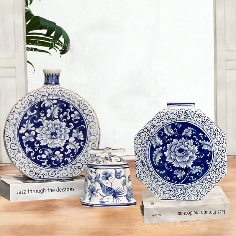 Blue & White Octagonal Vase and Flat Round Vase with Peony Motifs