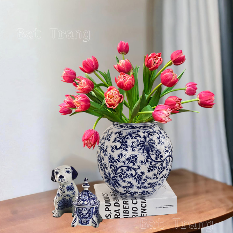 Blue & White Round Vase with Pink Tulips