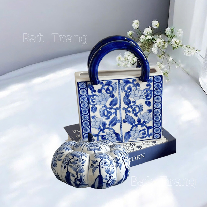 Blue and White Handbag Cerramic Vase, Decorative Vase