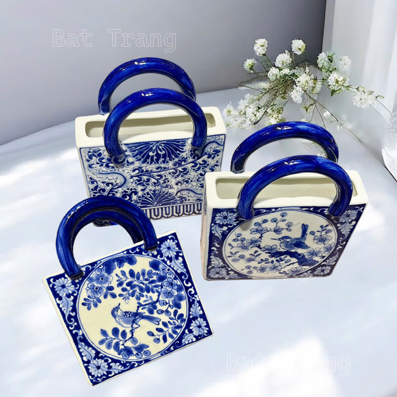 Blue and White Handbag Shaped Vase, Unique Flower Vase