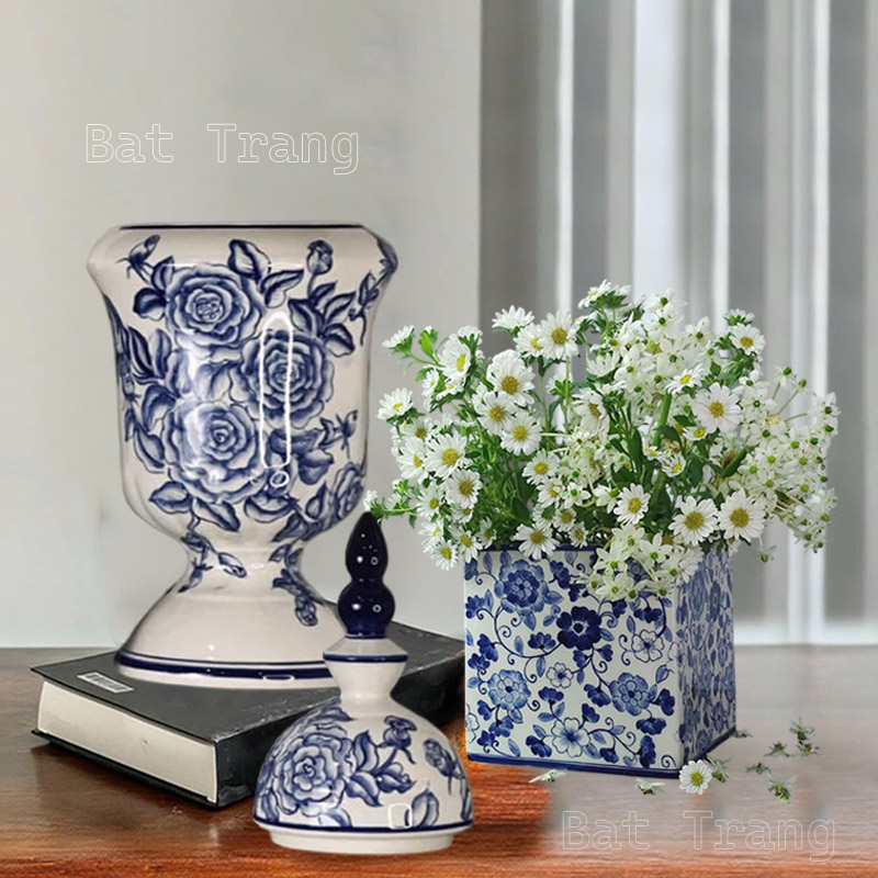 Blue and White Lidded Ceramic Jar & Square Vase with White Chrysanthemums