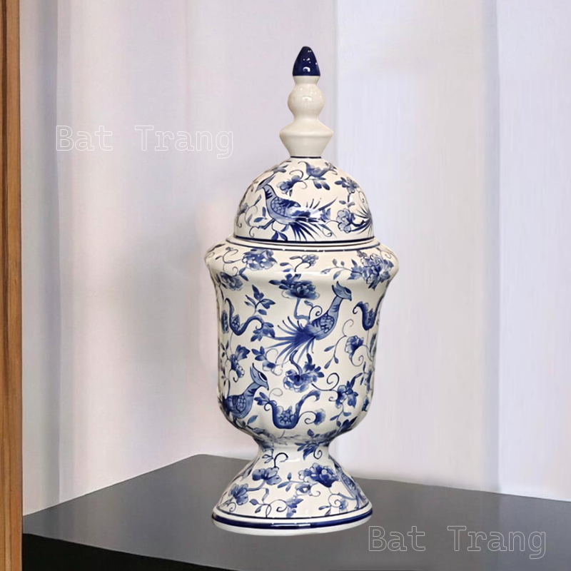 Blue and White Lidded Ceramic Jar – Handcrafted Elegance from Bat Trang Pottery