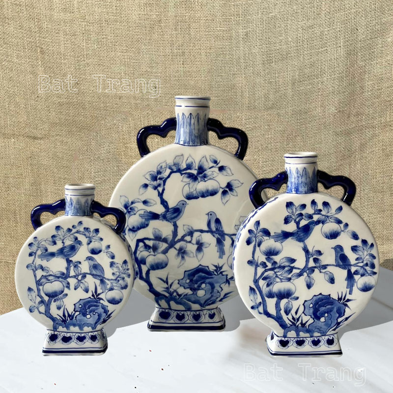 Blue and White Moon Flask Vase,Hand-Painted Oriental Ceramic Decor