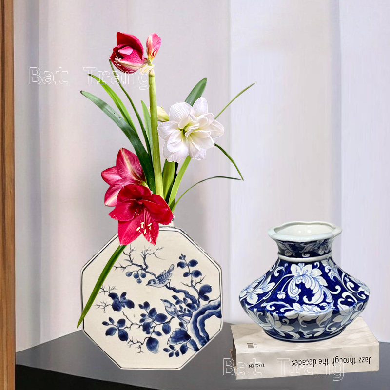 Blue and White Octagonal Ceramic Vase, Flower Vase, Hand-Painted Vase